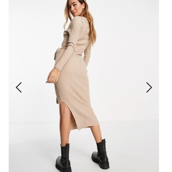 ASOS Mango Bow embellished Dress knitted Ribbed Midi belted Cream tan camel Sz L - Picture 7 of 16